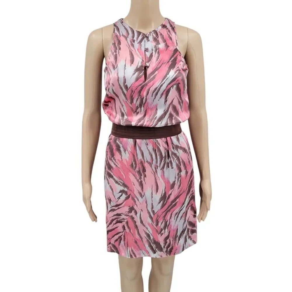Carlos Miele Silk Sleeveless Midi Dress Pink and Brown Cinched Waist